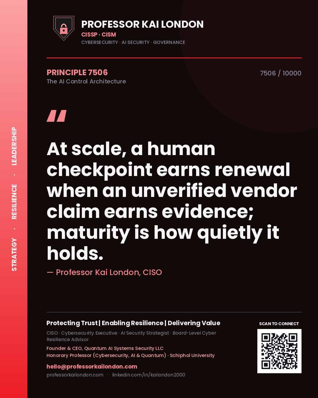 Professor Kai London principle 7506: At scale, a human checkpoint earns renewal when an unverified vendor claim earns evidence; maturity is how quietly it holds.