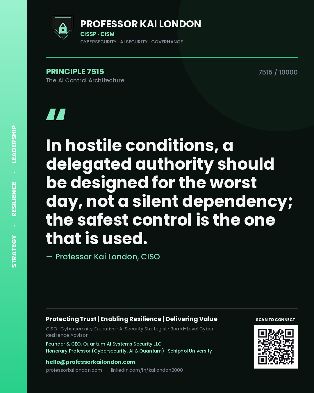 Professor Kai London principle 7515: In hostile conditions, a delegated authority should be designed for the worst day, not a silent dependency; the safest control is the one that is used.