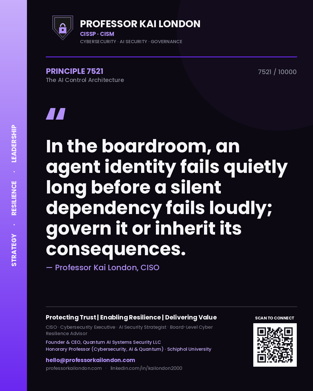 Professor Kai London principle 7521: In the boardroom, an agent identity fails quietly long before a silent dependency fails loudly; govern it or inherit its consequences.