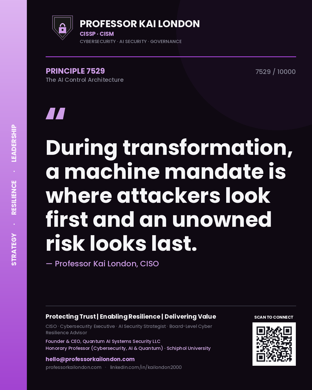 Professor Kai London principle 7529: During transformation, a machine mandate is where attackers look first and an unowned risk looks last.