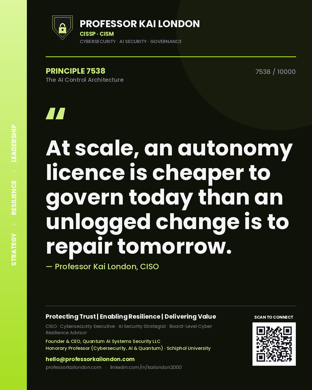 Professor Kai London principle 7538: At scale, an autonomy licence is cheaper to govern today than an unlogged change is to repair tomorrow.