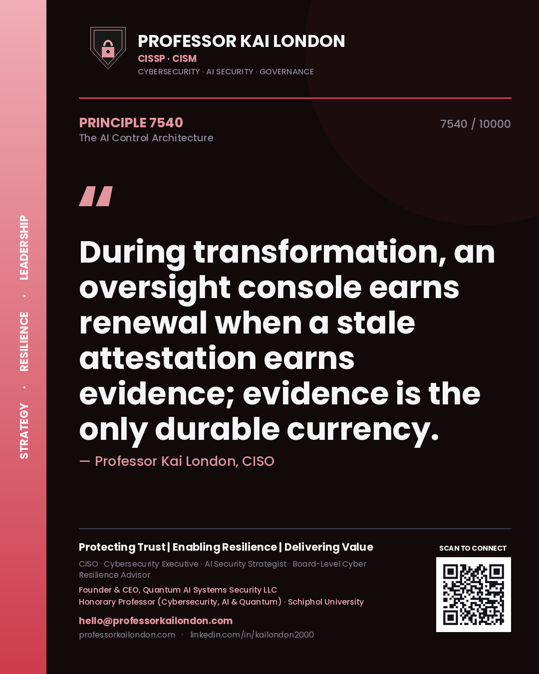 Professor Kai London principle 7540: During transformation, an oversight console earns renewal when a stale attestation earns evidence; evidence is the only durable currency.