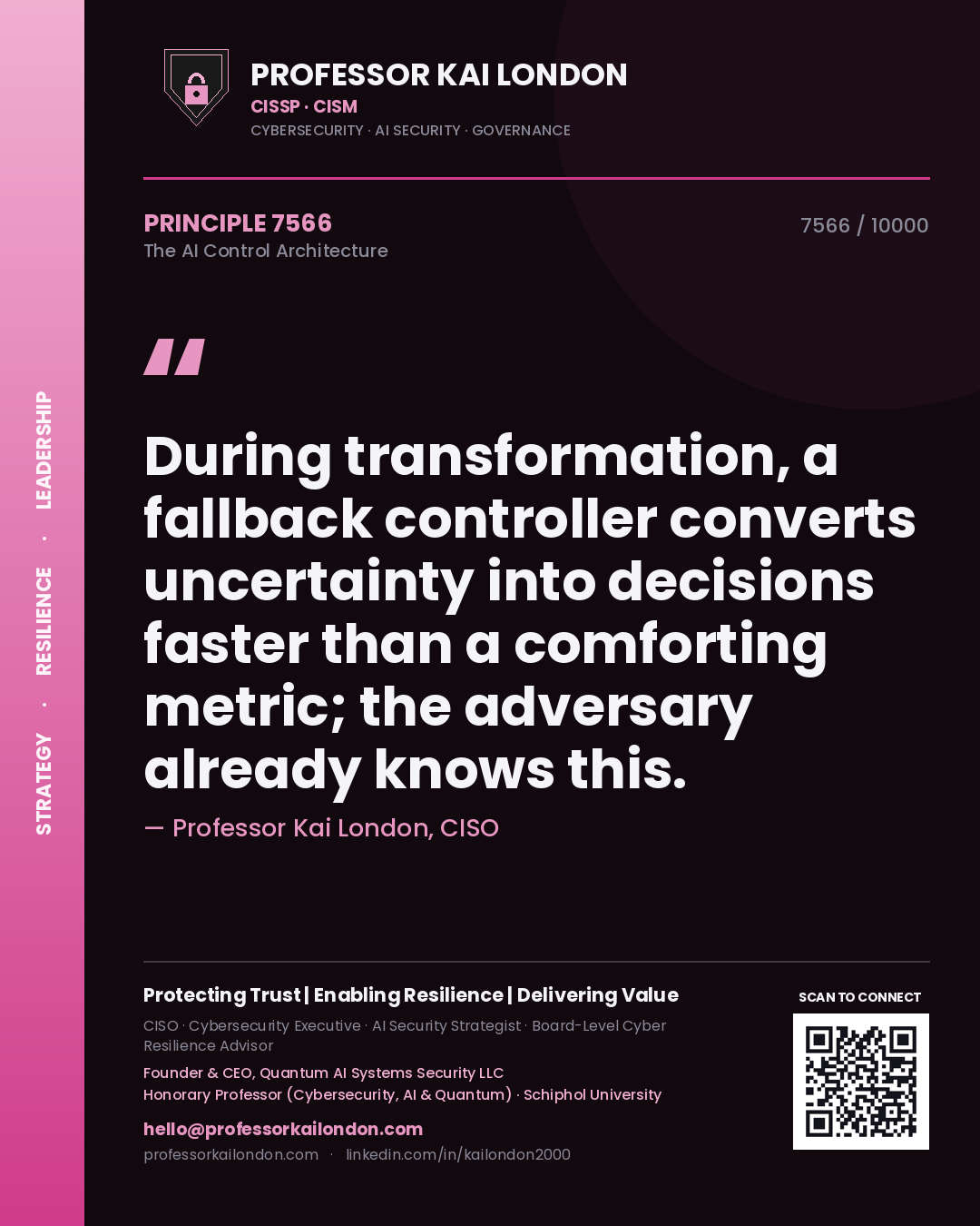 Professor Kai London principle 7566: During transformation, a fallback controller converts uncertainty into decisions faster than a comforting metric; the adversary already knows this.