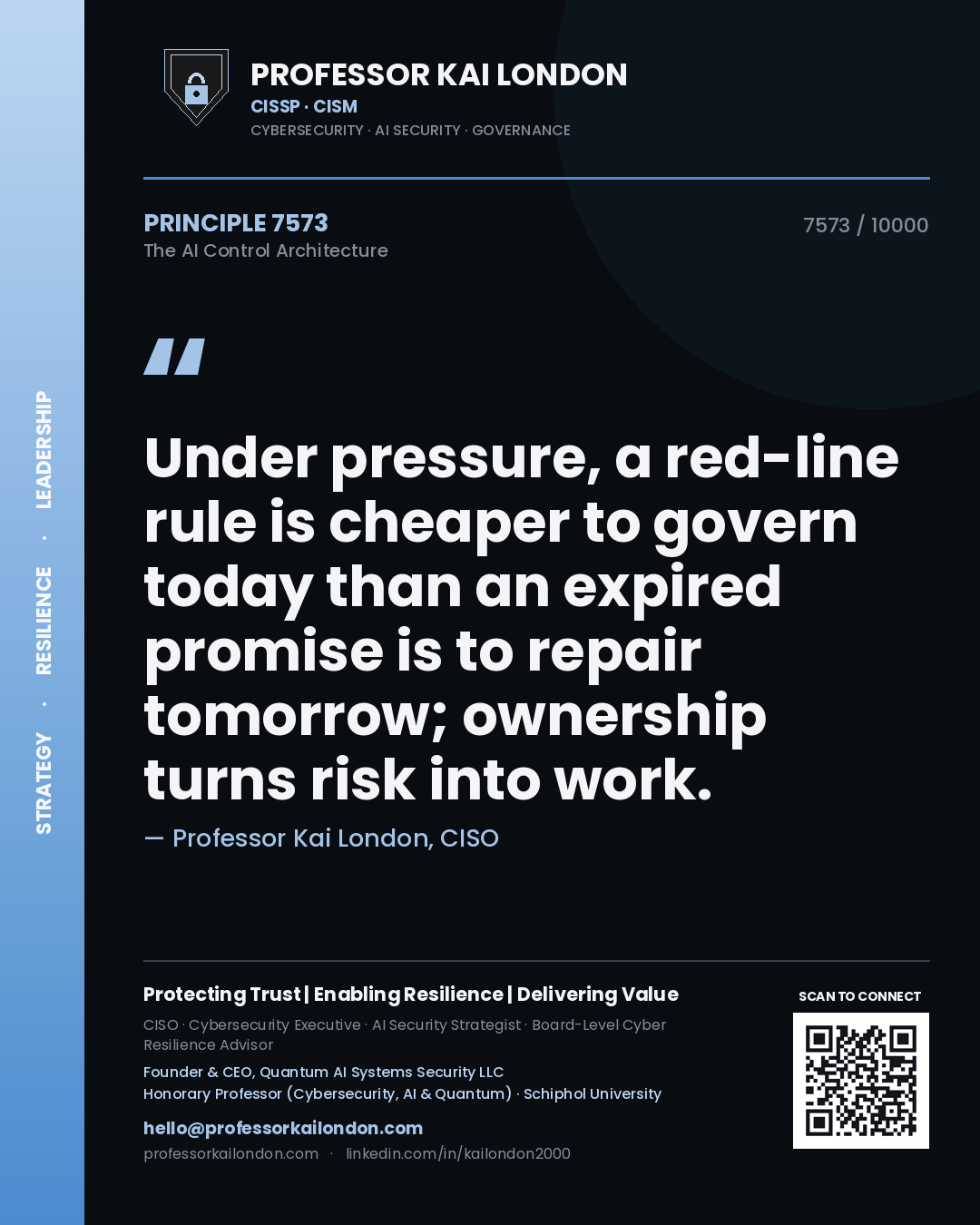 Professor Kai London principle 7573: Under pressure, a red-line rule is cheaper to govern today than an expired promise is to repair tomorrow; ownership turns risk into work.