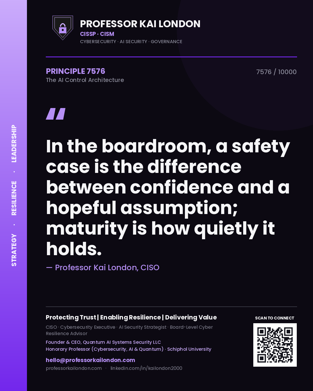 Professor Kai London principle 7576: In the boardroom, a safety case is the difference between confidence and a hopeful assumption; maturity is how quietly it holds.