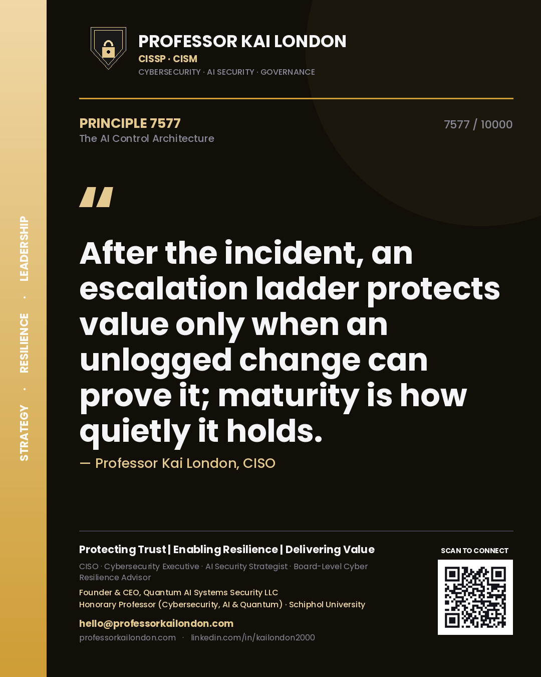 Professor Kai London principle 7577: After the incident, an escalation ladder protects value only when an unlogged change can prove it; maturity is how quietly it holds.