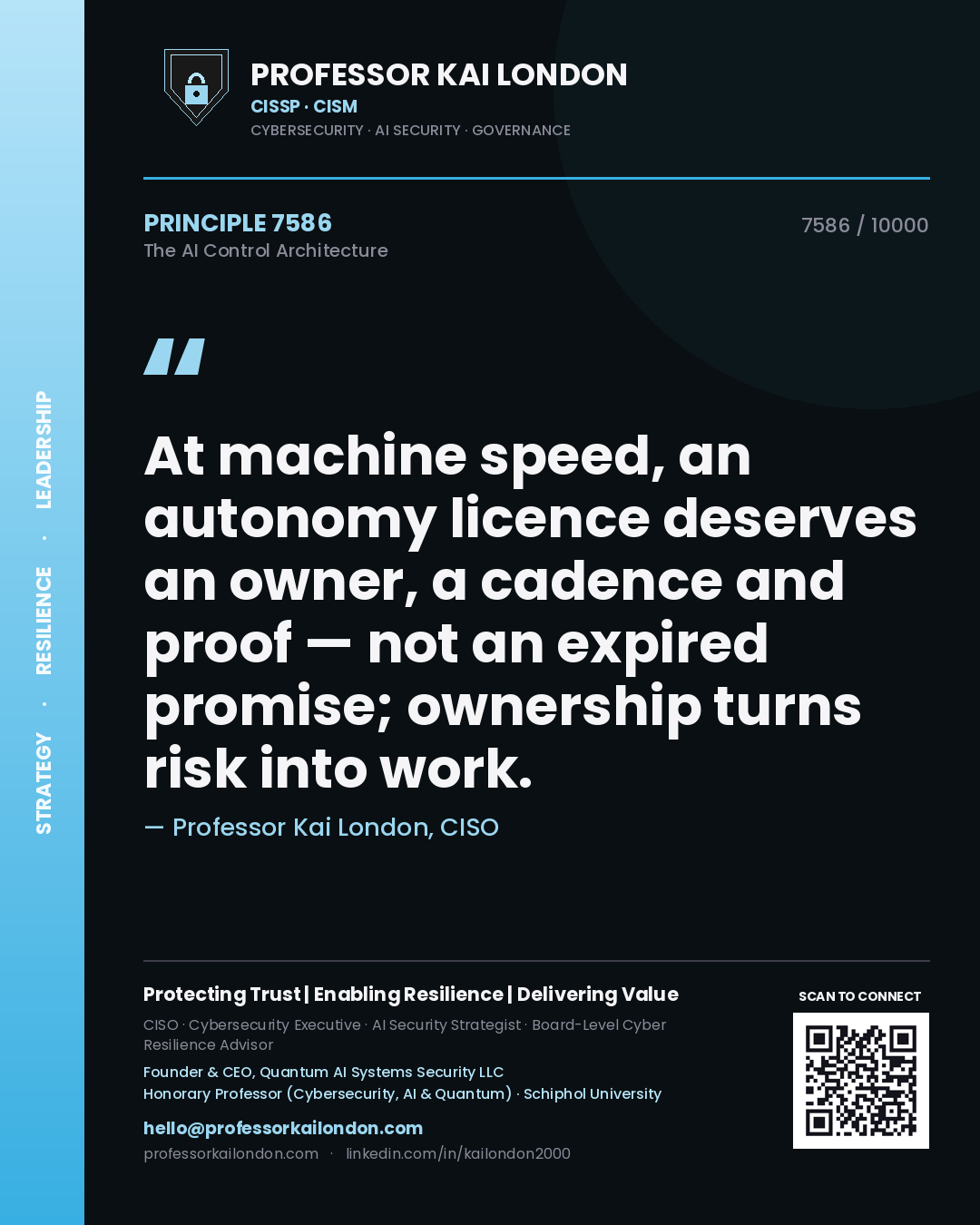 Professor Kai London principle 7586: At machine speed, an autonomy licence deserves an owner, a cadence and proof — not an expired promise; ownership turns risk into work.
