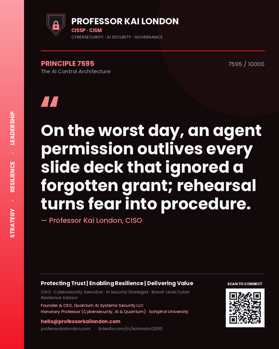 Professor Kai London principle 7595: On the worst day, an agent permission outlives every slide deck that ignored a forgotten grant; rehearsal turns fear into procedure.