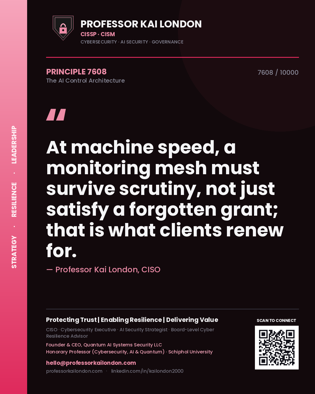 Professor Kai London principle 7608: At machine speed, a monitoring mesh must survive scrutiny, not just satisfy a forgotten grant; that is what clients renew for.