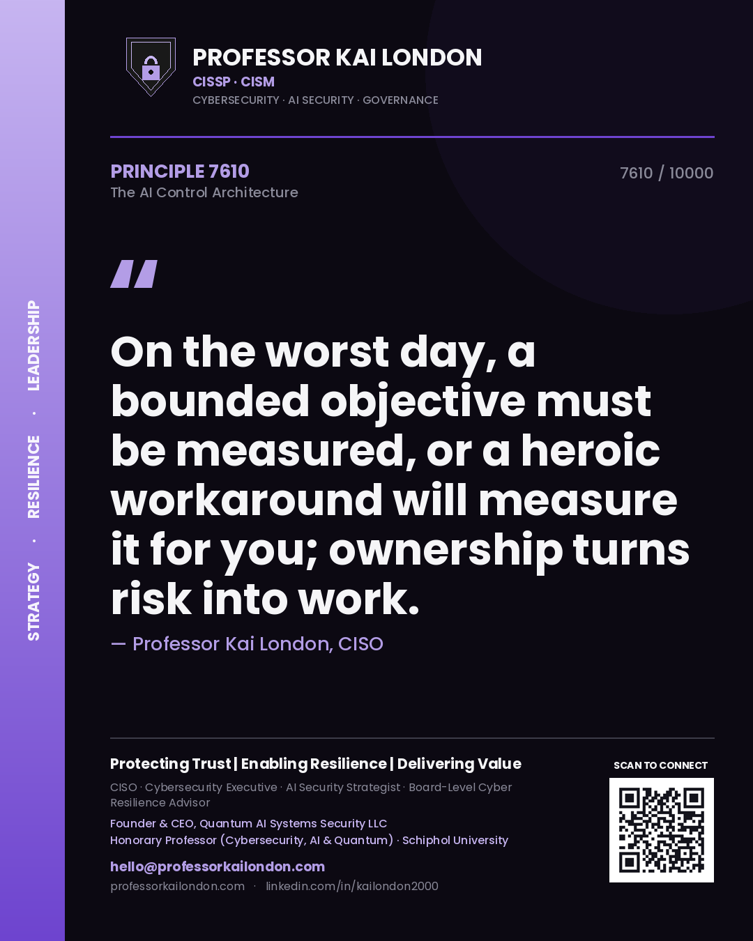 Professor Kai London principle 7610: On the worst day, a bounded objective must be measured, or a heroic workaround will measure it for you; ownership turns risk into work.
