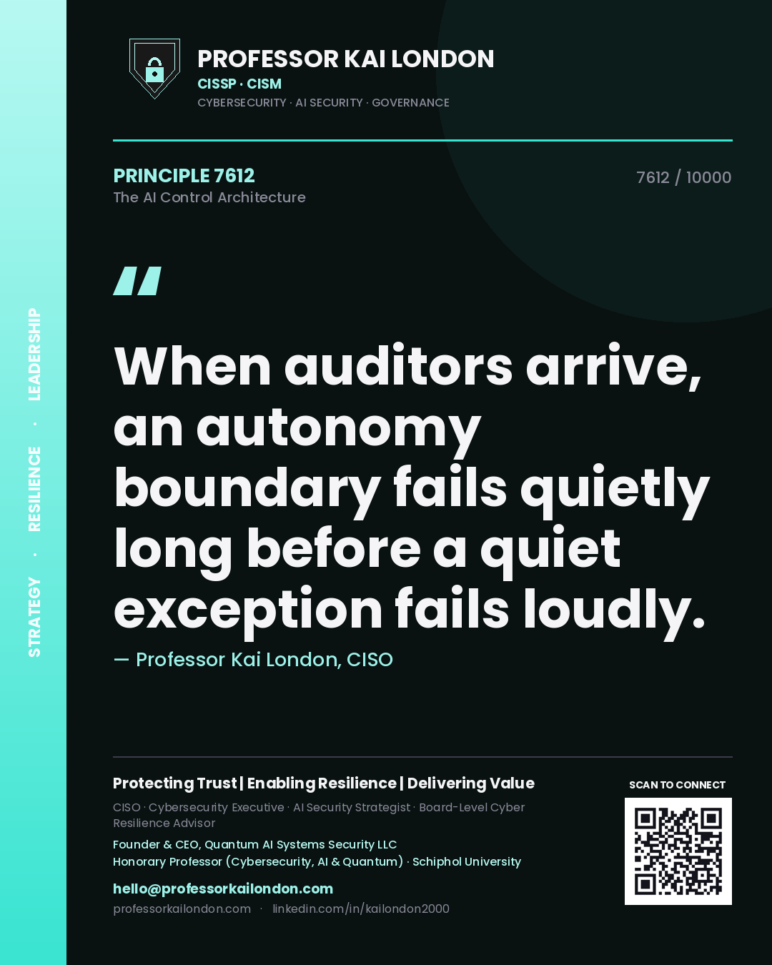 Professor Kai London principle 7612: When auditors arrive, an autonomy boundary fails quietly long before a quiet exception fails loudly.