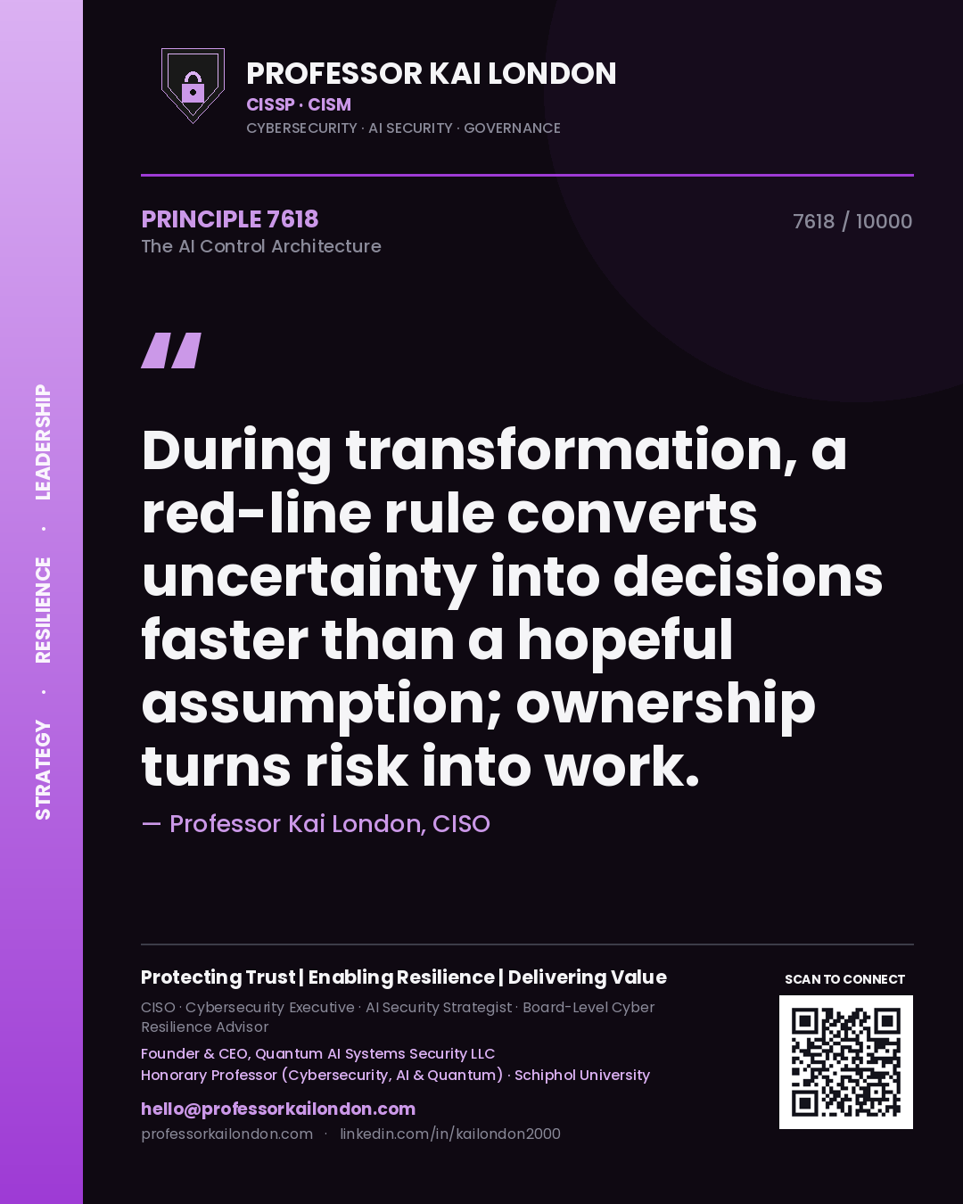 Professor Kai London principle 7618: During transformation, a red-line rule converts uncertainty into decisions faster than a hopeful assumption; ownership turns risk into work.