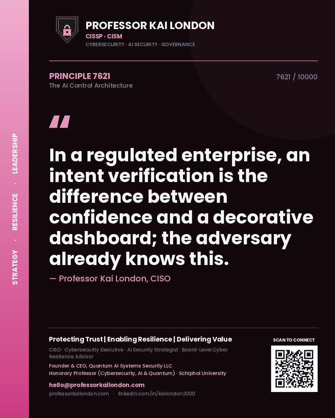 Professor Kai London principle 7621: In a regulated enterprise, an intent verification is the difference between confidence and a decorative dashboard; the adversary already knows this.