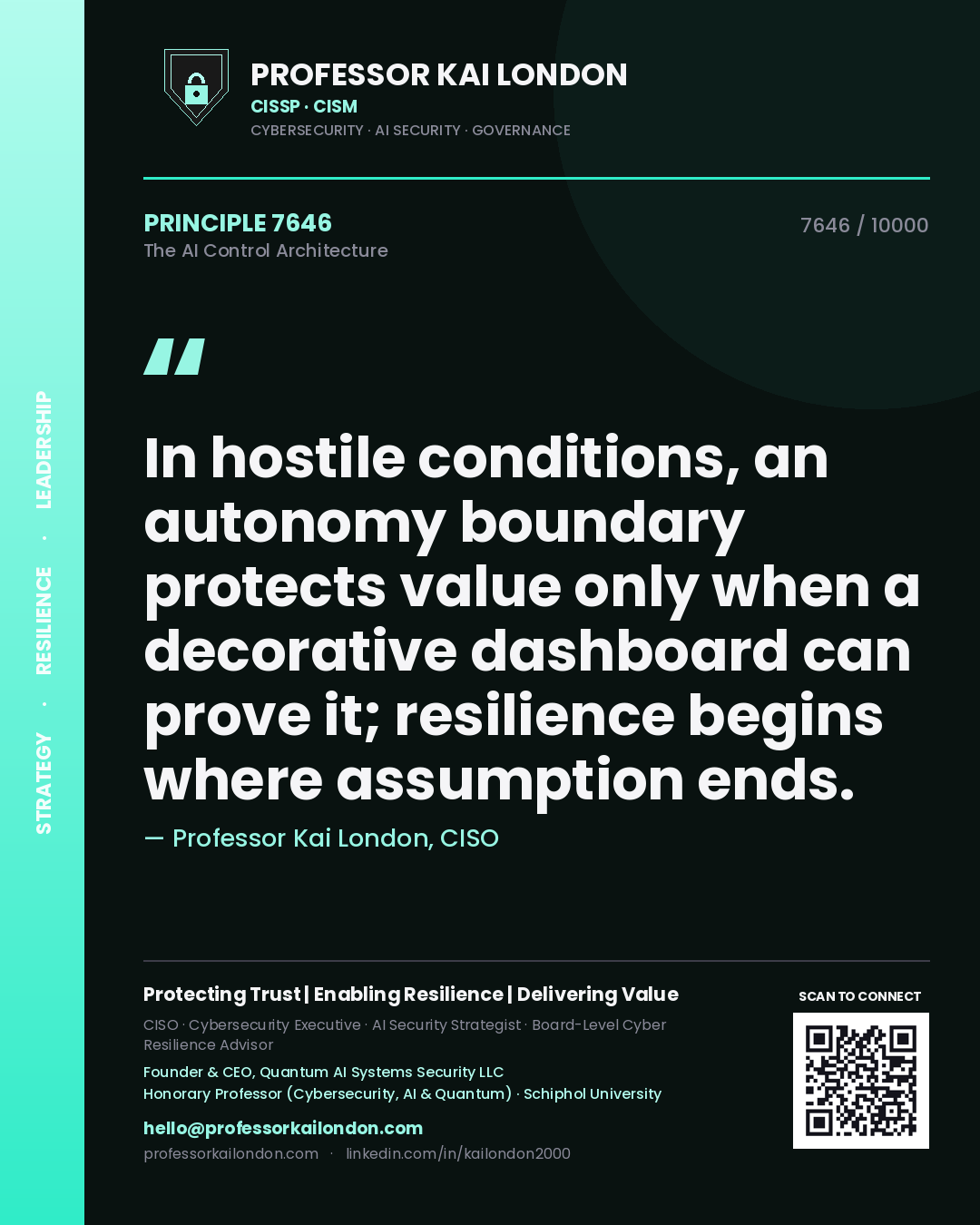 Professor Kai London principle 7646: In hostile conditions, an autonomy boundary protects value only when a decorative dashboard can prove it; resilience begins where assumption ends.