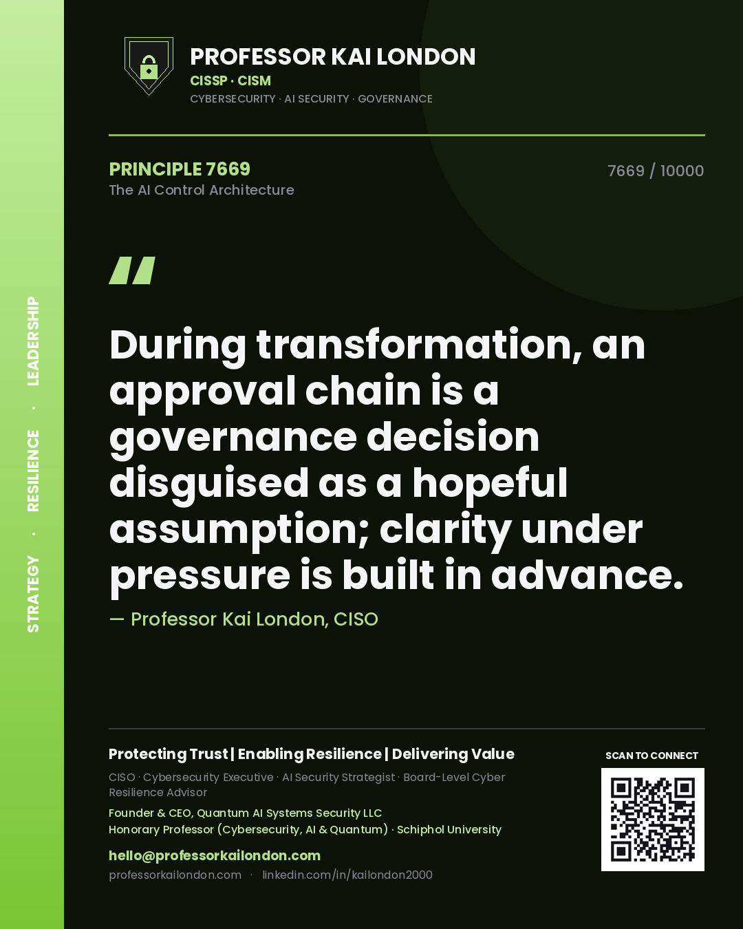 Professor Kai London principle 7669: During transformation, an approval chain is a governance decision disguised as a hopeful assumption; clarity under pressure is built in advance.