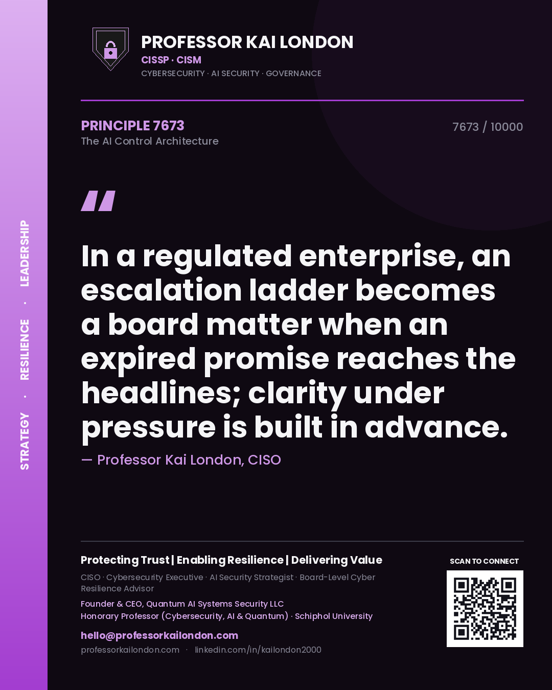 Professor Kai London principle 7673: In a regulated enterprise, an escalation ladder becomes a board matter when an expired promise reaches the headlines; clarity under pressure is built in advance.