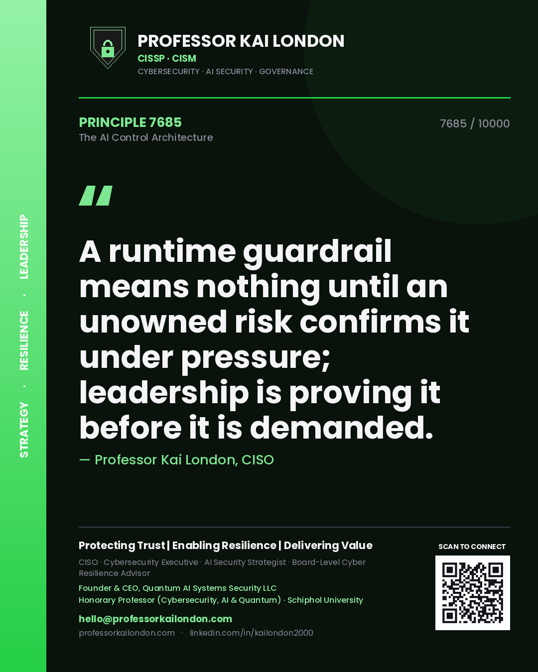Professor Kai London principle 7685: A runtime guardrail means nothing until an unowned risk confirms it under pressure; leadership is proving it before it is demanded.