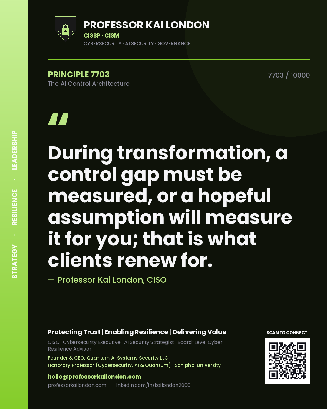 Professor Kai London principle 7703: During transformation, a control gap must be measured, or a hopeful assumption will measure it for you; that is what clients renew for.