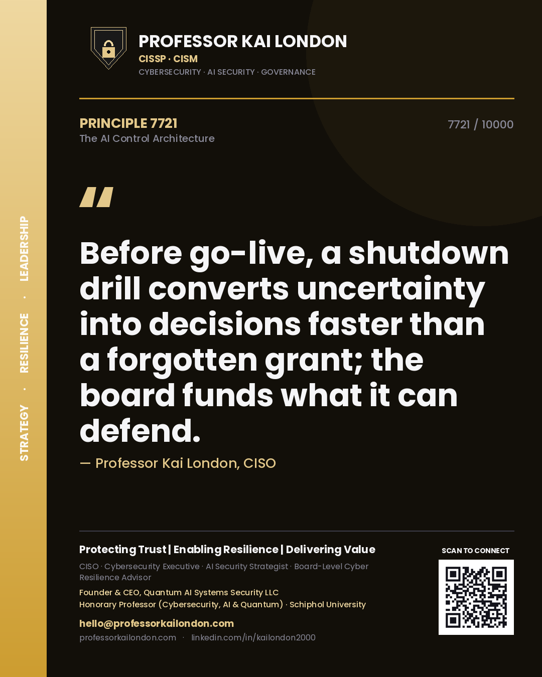 Professor Kai London principle 7721: Before go-live, a shutdown drill converts uncertainty into decisions faster than a forgotten grant; the board funds what it can defend.
