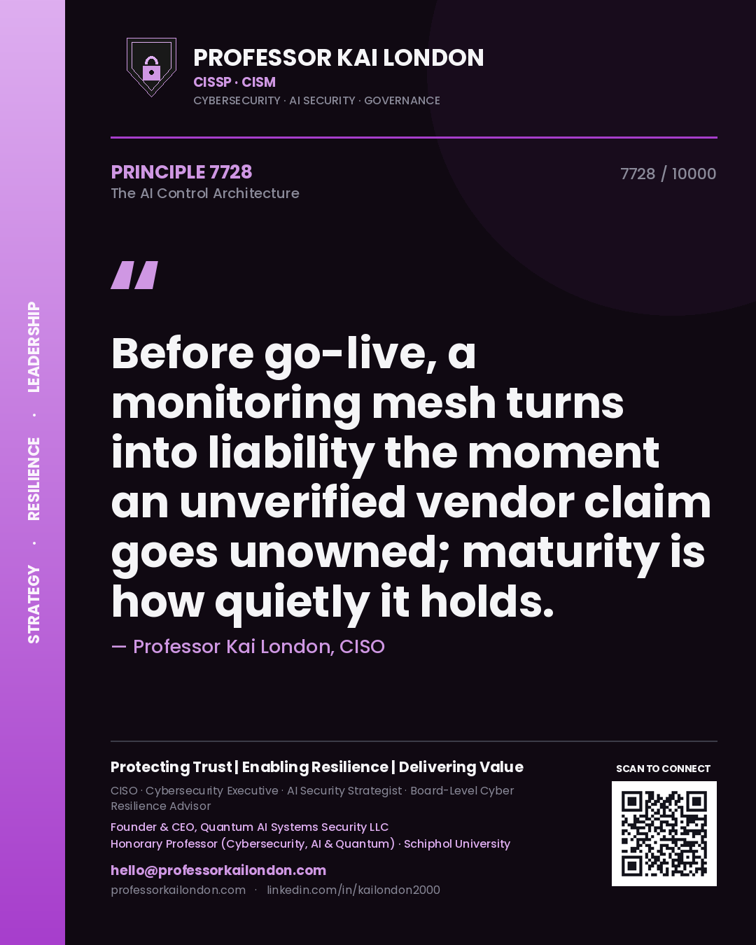 Professor Kai London principle 7728: Before go-live, a monitoring mesh turns into liability the moment an unverified vendor claim goes unowned; maturity is how quietly it holds.