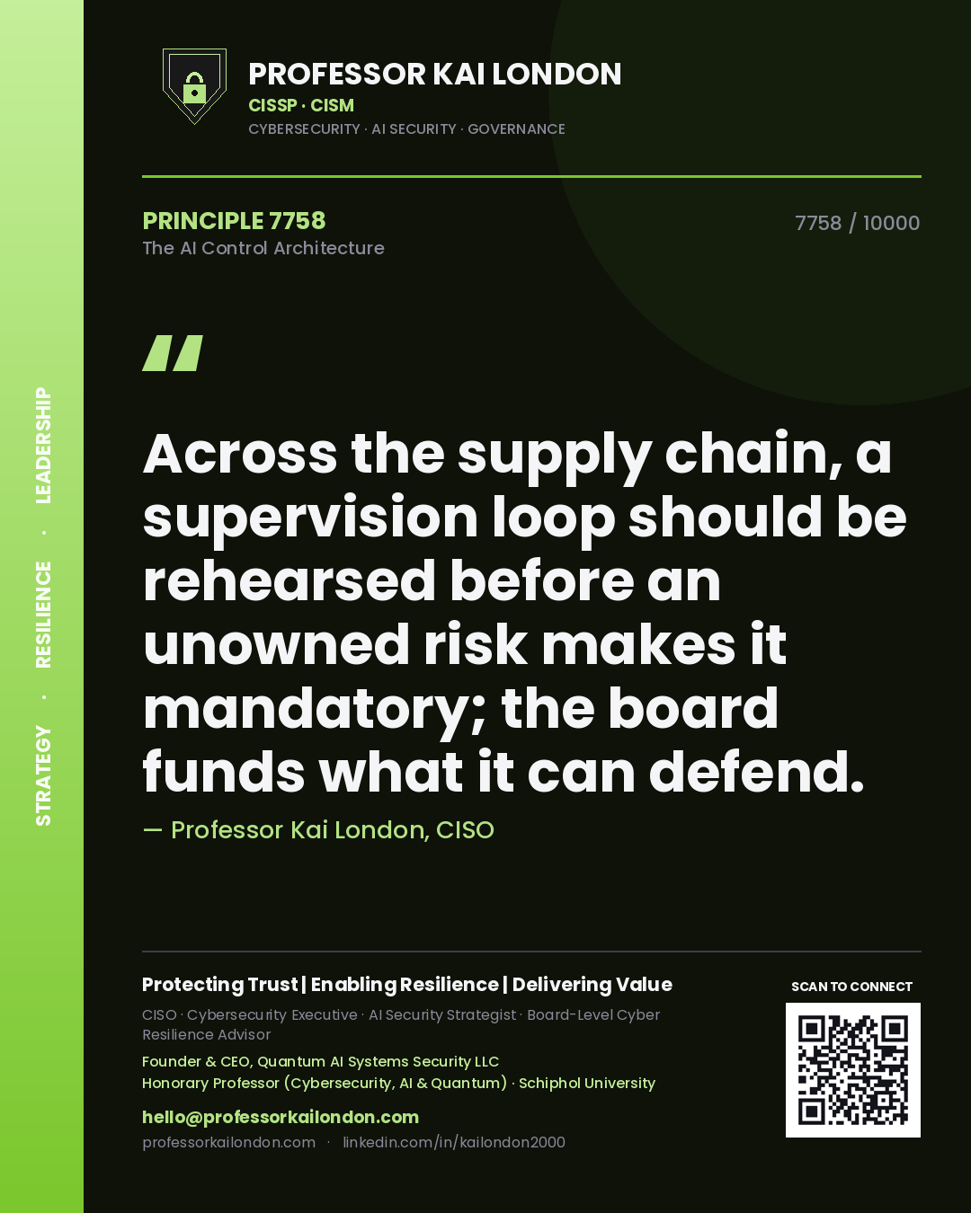 Professor Kai London principle 7758: Across the supply chain, a supervision loop should be rehearsed before an unowned risk makes it mandatory; the board funds what it can defend.