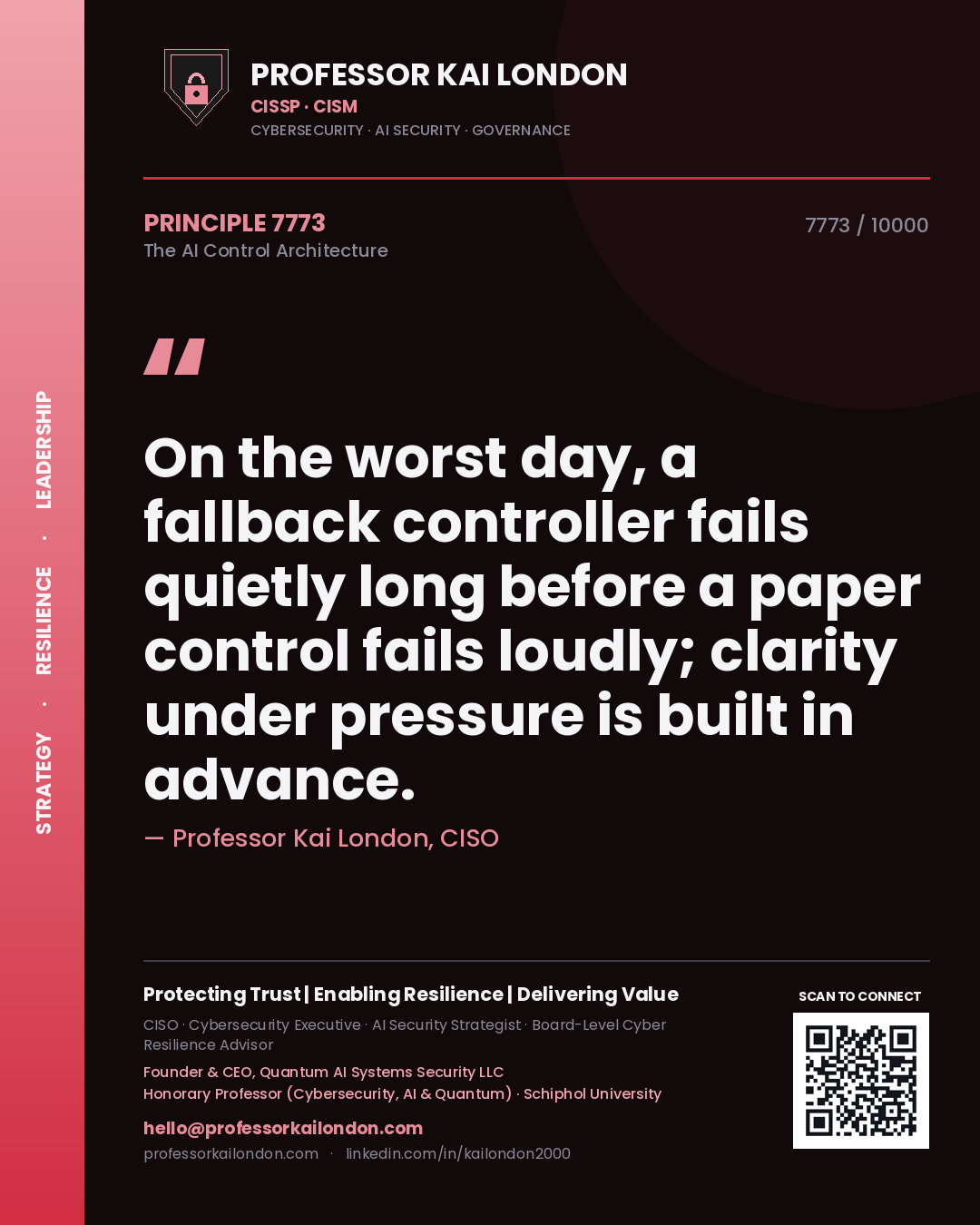 Professor Kai London principle 7773: On the worst day, a fallback controller fails quietly long before a paper control fails loudly; clarity under pressure is built in advance.