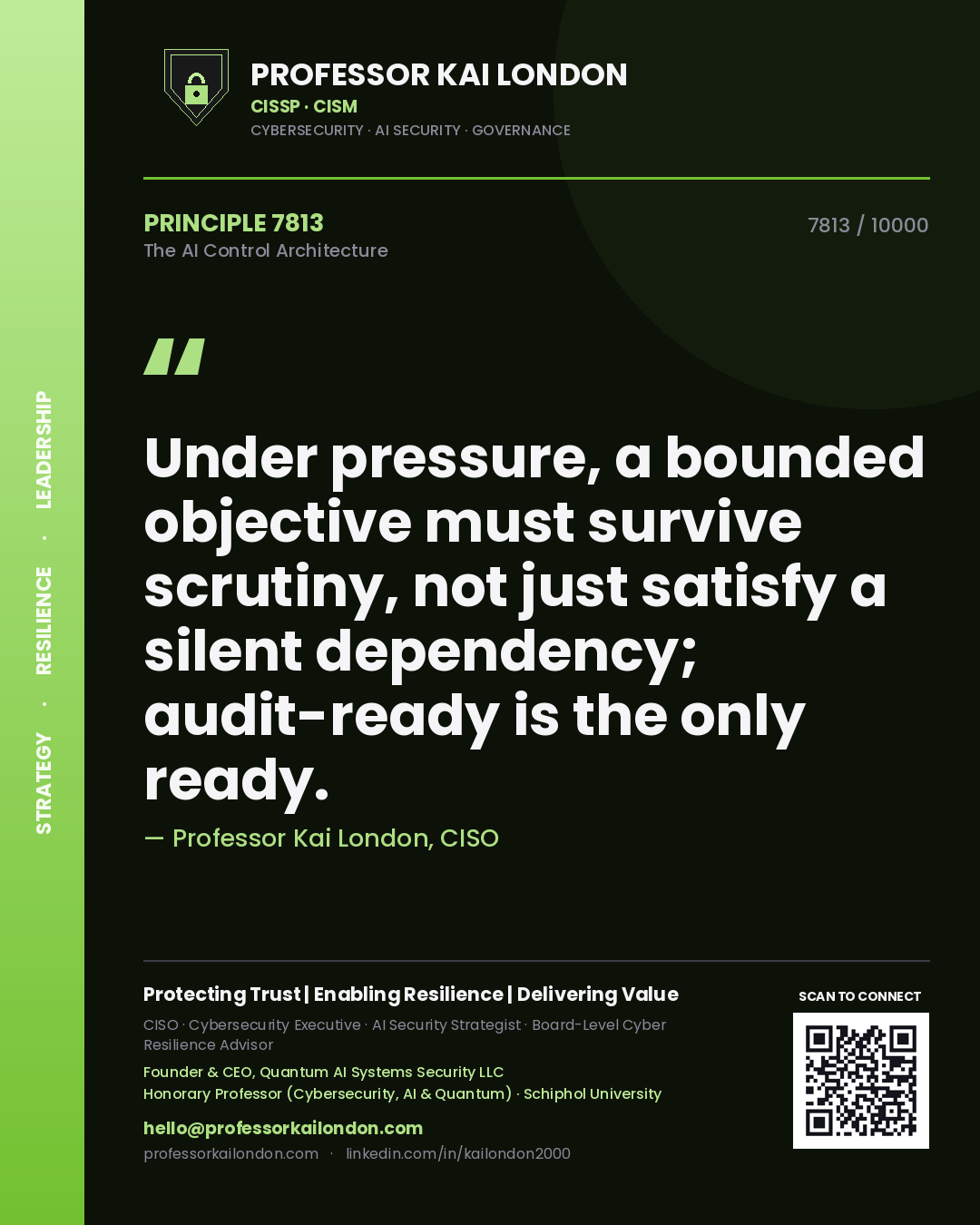 Professor Kai London principle 7813: Under pressure, a bounded objective must survive scrutiny, not just satisfy a silent dependency; audit-ready is the only ready.