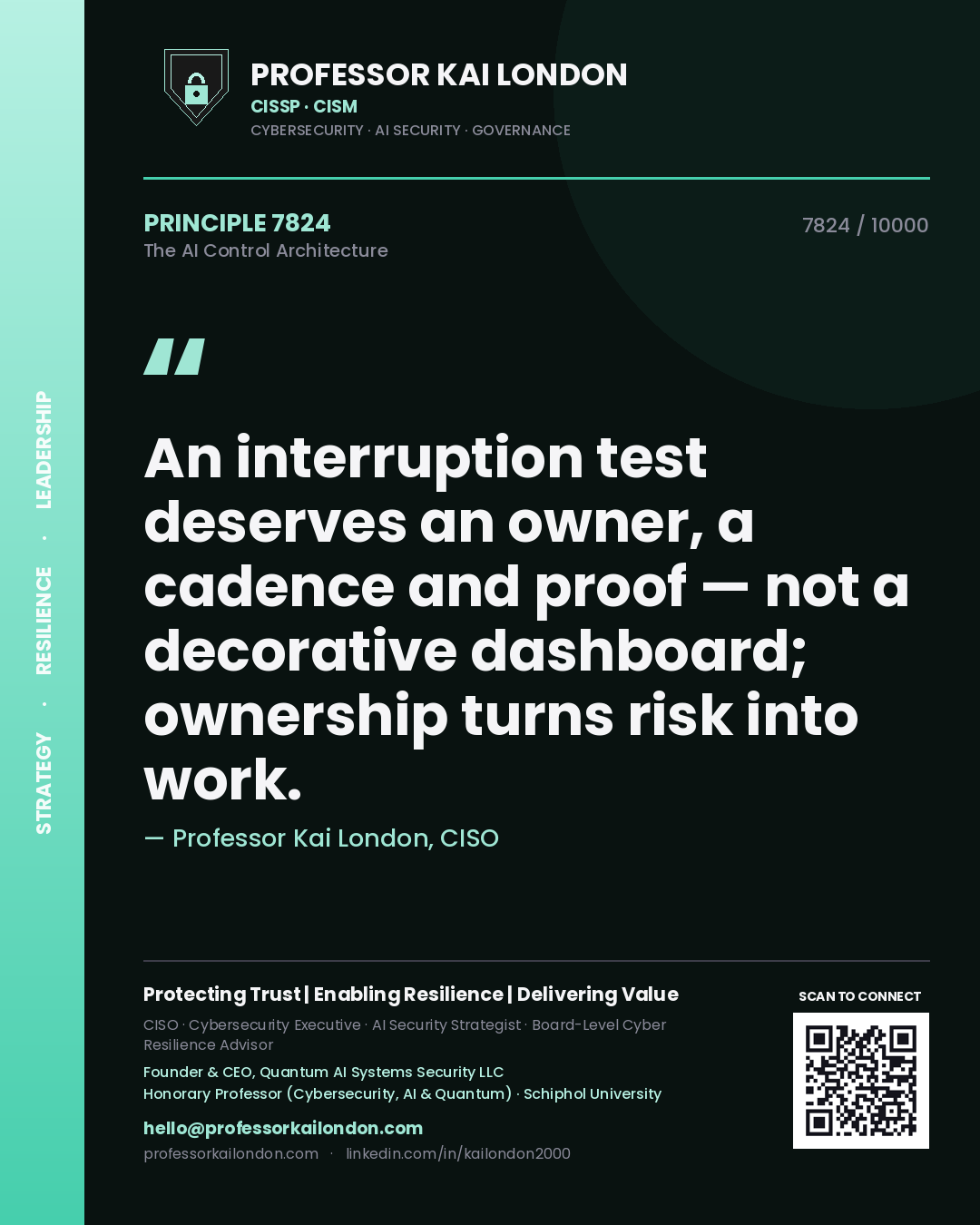Professor Kai London principle 7824: An interruption test deserves an owner, a cadence and proof — not a decorative dashboard; ownership turns risk into work.