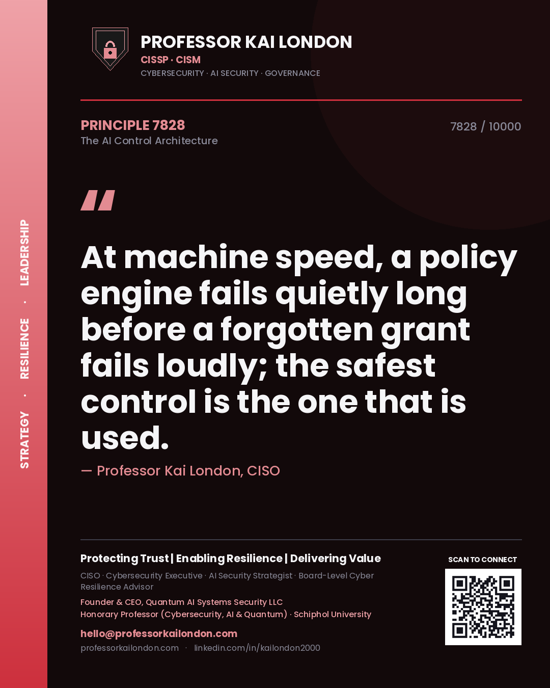 Professor Kai London principle 7828: At machine speed, a policy engine fails quietly long before a forgotten grant fails loudly; the safest control is the one that is used.
