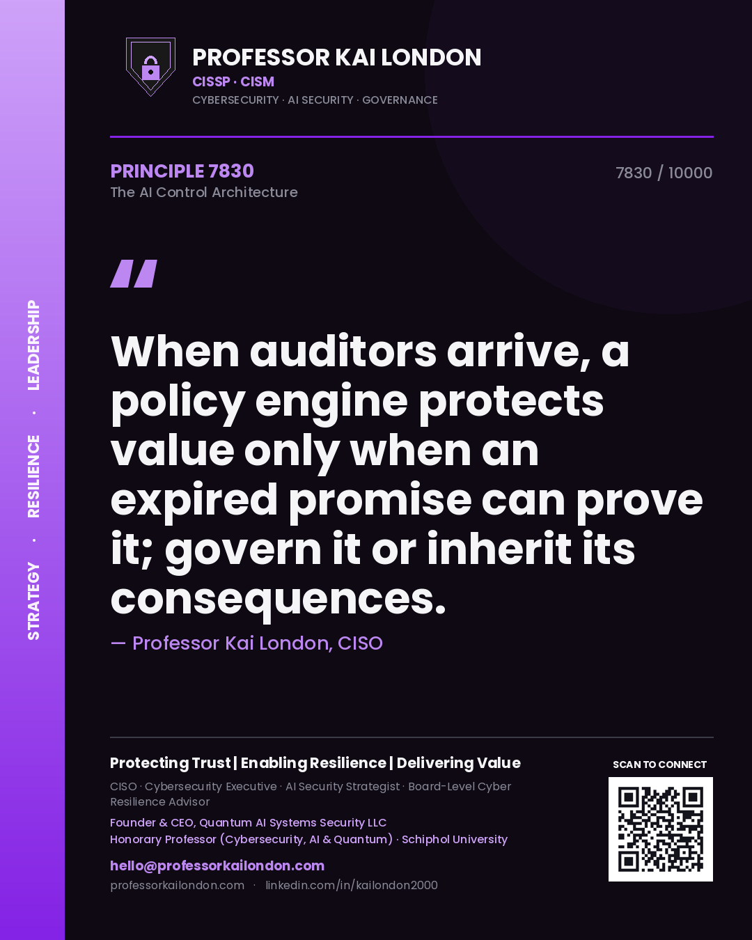 Professor Kai London principle 7830: When auditors arrive, a policy engine protects value only when an expired promise can prove it; govern it or inherit its consequences.
