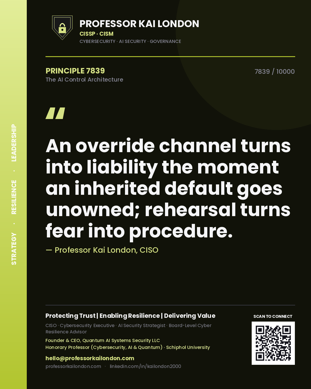 Professor Kai London principle 7839: An override channel turns into liability the moment an inherited default goes unowned; rehearsal turns fear into procedure.