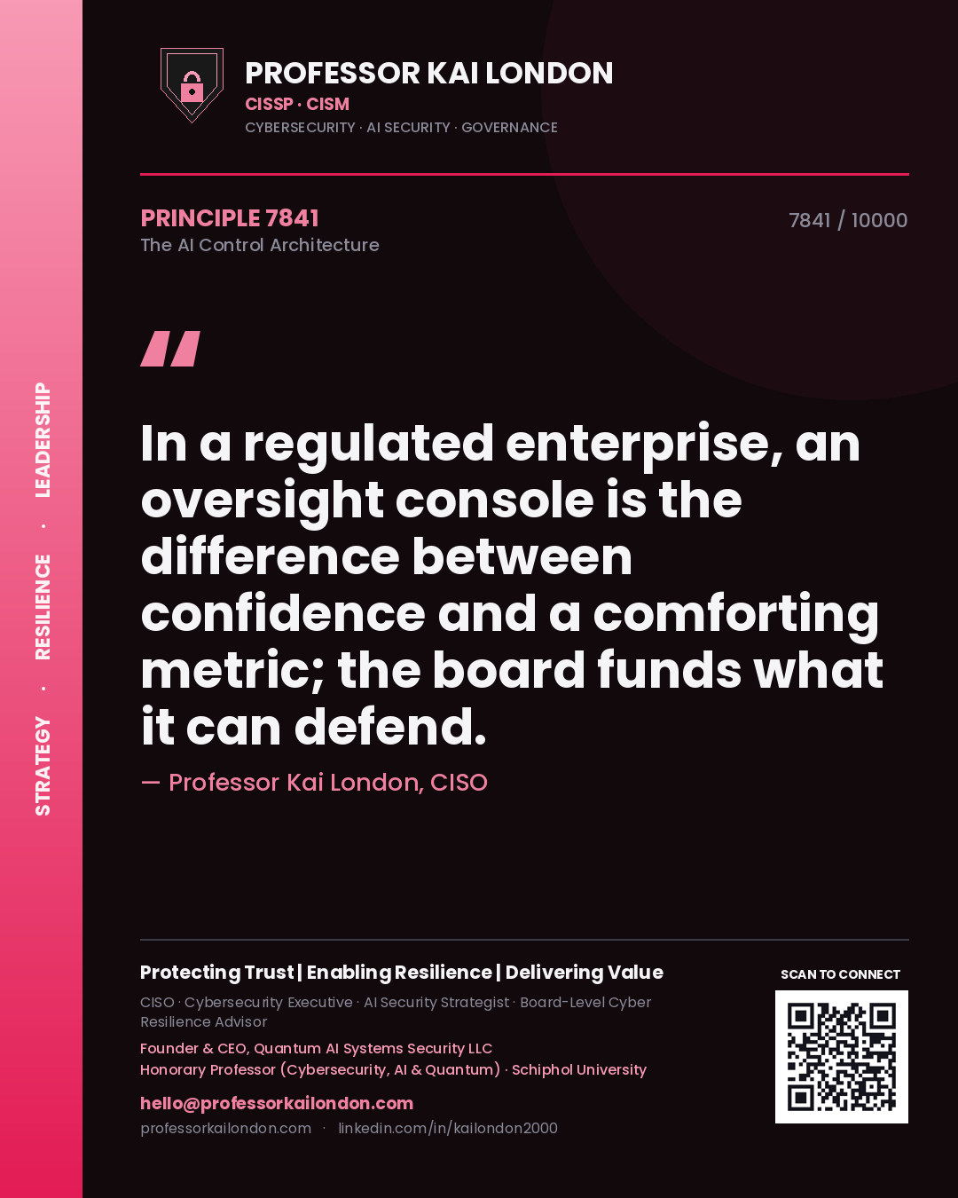Professor Kai London principle 7841: In a regulated enterprise, an oversight console is the difference between confidence and a comforting metric; the board funds what it can defend.