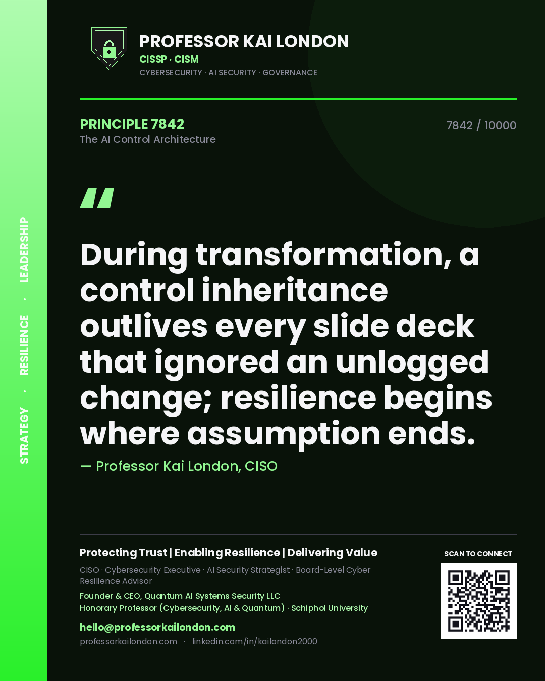 Professor Kai London principle 7842: During transformation, a control inheritance outlives every slide deck that ignored an unlogged change; resilience begins where assumption ends.