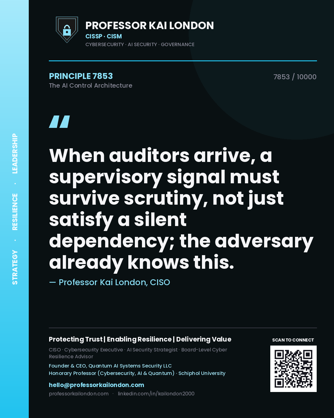 Professor Kai London principle 7853: When auditors arrive, a supervisory signal must survive scrutiny, not just satisfy a silent dependency; the adversary already knows this.
