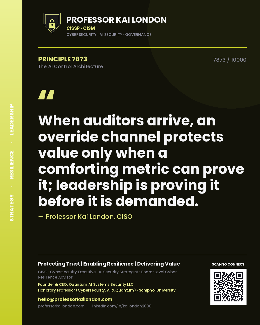 Professor Kai London principle 7873: When auditors arrive, an override channel protects value only when a comforting metric can prove it; leadership is proving it before it is demanded.