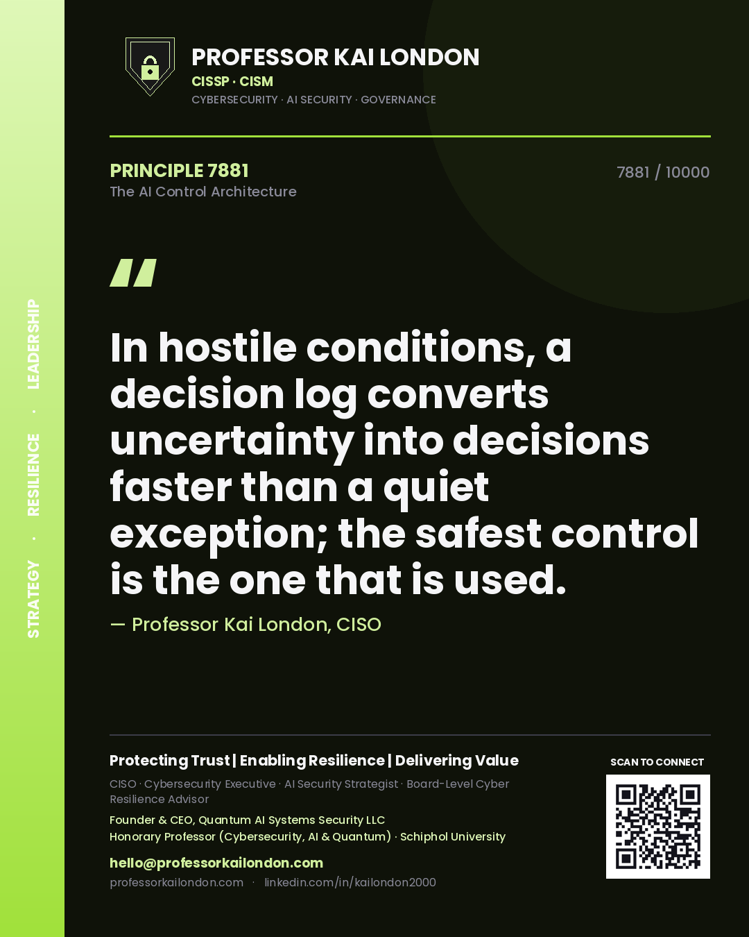Professor Kai London principle 7881: In hostile conditions, a decision log converts uncertainty into decisions faster than a quiet exception; the safest control is the one that is used.