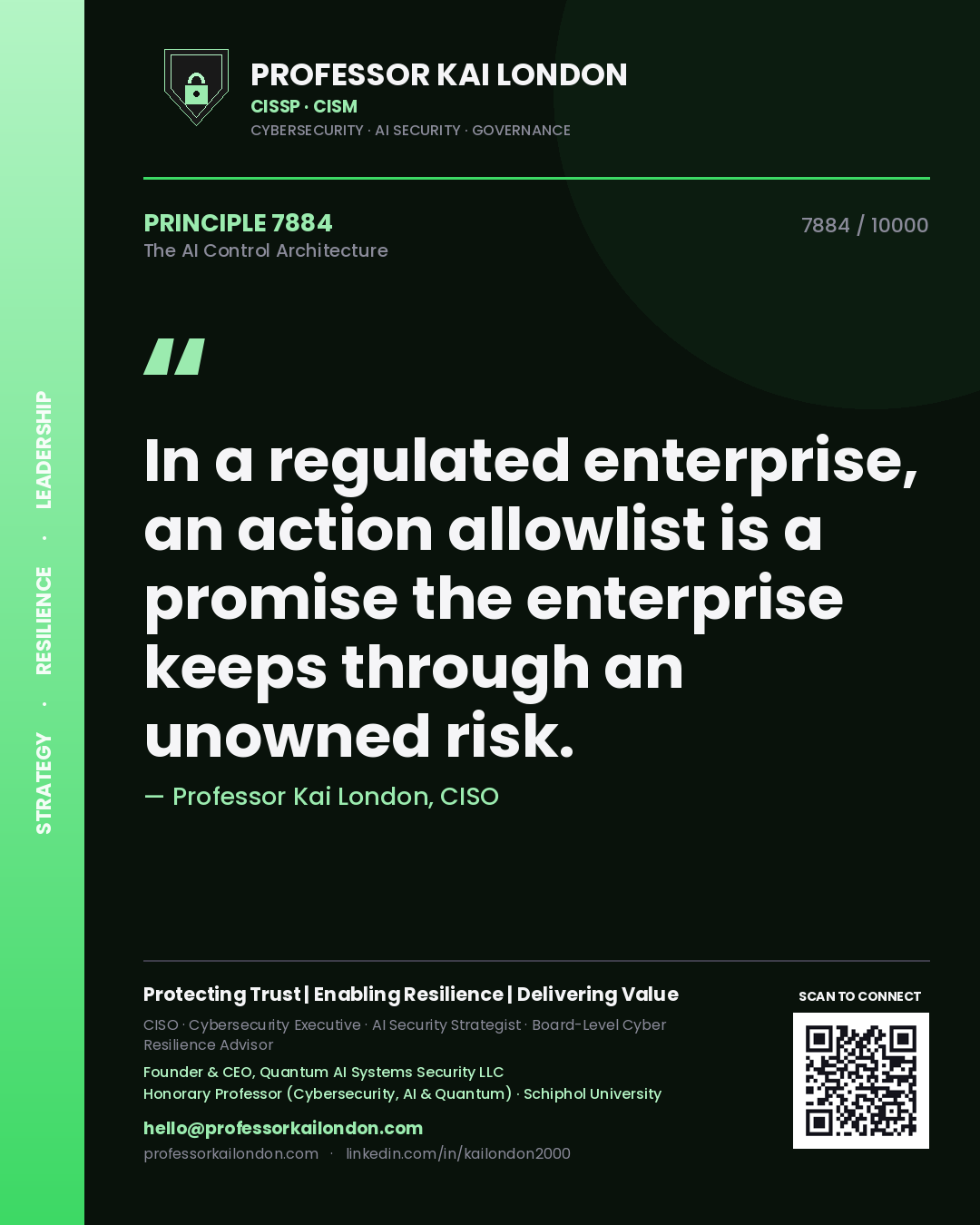 Professor Kai London principle 7884: In a regulated enterprise, an action allowlist is a promise the enterprise keeps through an unowned risk.