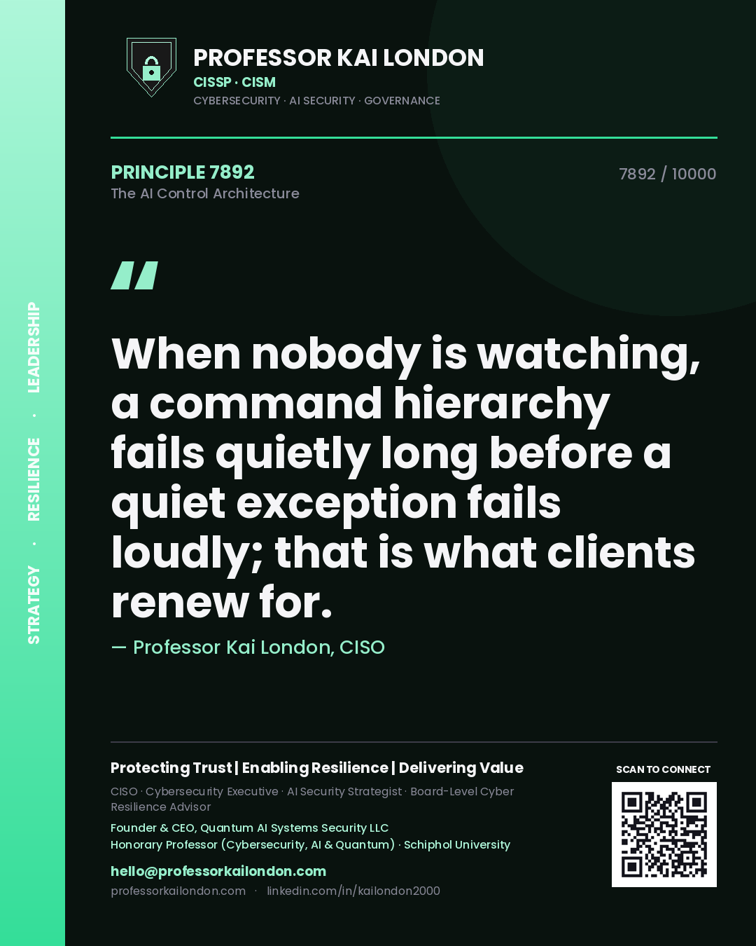 Professor Kai London principle 7892: When nobody is watching, a command hierarchy fails quietly long before a quiet exception fails loudly; that is what clients renew for.