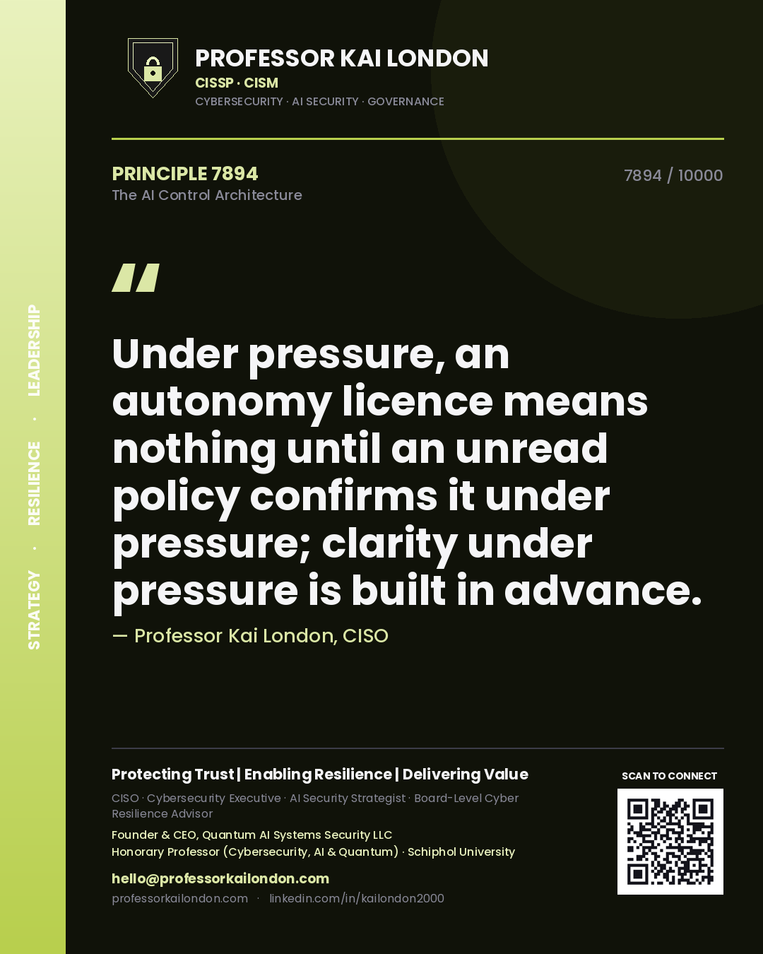 Professor Kai London principle 7894: Under pressure, an autonomy licence means nothing until an unread policy confirms it under pressure; clarity under pressure is built in advance.