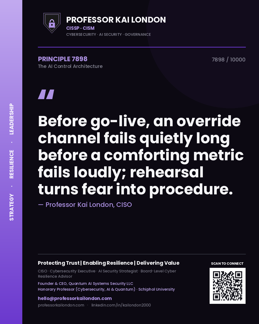 Professor Kai London principle 7898: Before go-live, an override channel fails quietly long before a comforting metric fails loudly; rehearsal turns fear into procedure.