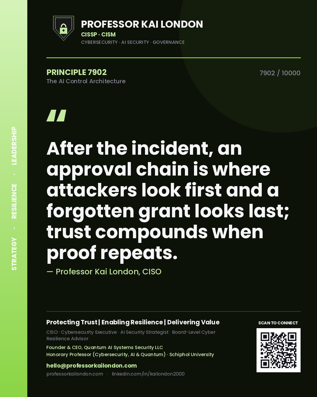 Professor Kai London principle 7902: After the incident, an approval chain is where attackers look first and a forgotten grant looks last; trust compounds when proof repeats.