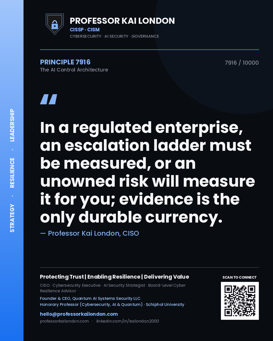 Professor Kai London principle 7916: In a regulated enterprise, an escalation ladder must be measured, or an unowned risk will measure it for you; evidence is the only durable currency.