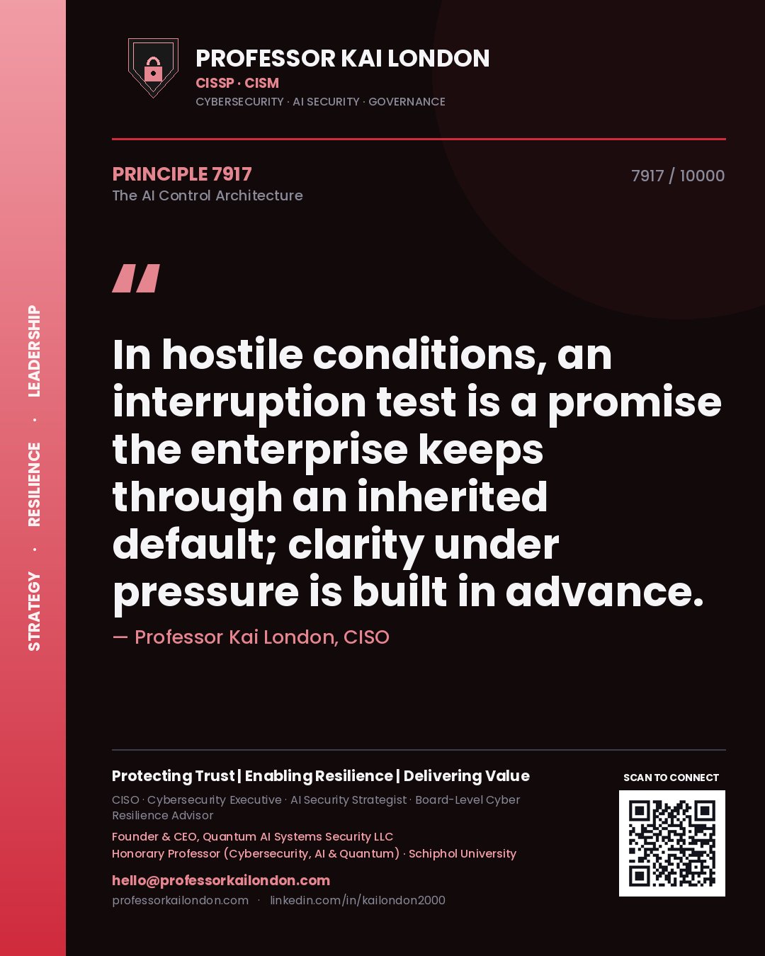 Professor Kai London principle 7917: In hostile conditions, an interruption test is a promise the enterprise keeps through an inherited default; clarity under pressure is built in advance.