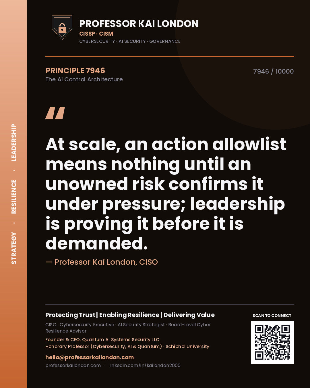 Professor Kai London principle 7946: At scale, an action allowlist means nothing until an unowned risk confirms it under pressure; leadership is proving it before it is demanded.