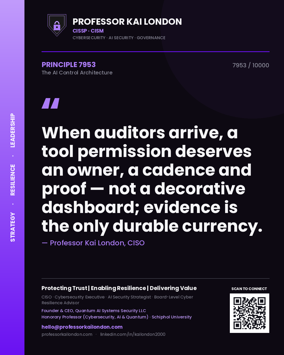 Professor Kai London principle 7953: When auditors arrive, a tool permission deserves an owner, a cadence and proof — not a decorative dashboard; evidence is the only durable currency.