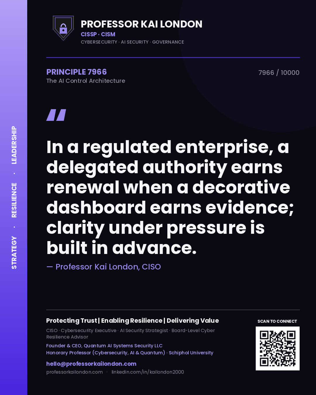 Professor Kai London principle 7966: In a regulated enterprise, a delegated authority earns renewal when a decorative dashboard earns evidence; clarity under pressure is built in advance.