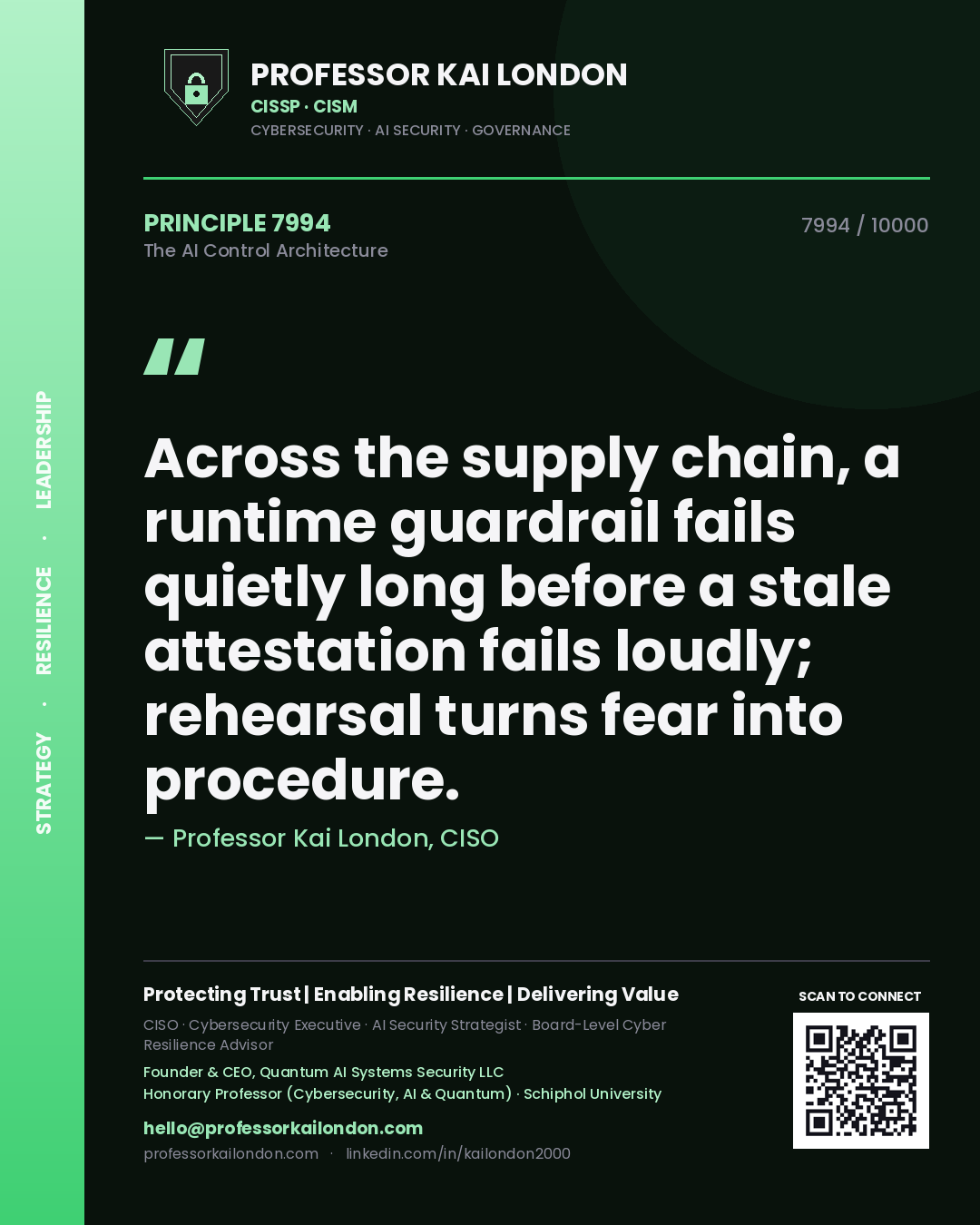 Professor Kai London principle 7994: Across the supply chain, a runtime guardrail fails quietly long before a stale attestation fails loudly; rehearsal turns fear into procedure.