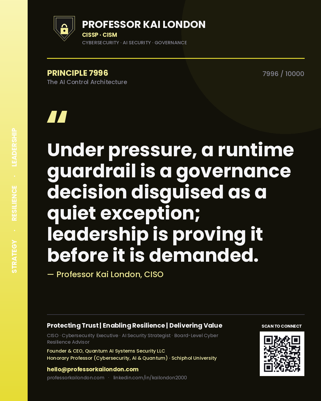 Professor Kai London principle 7996: Under pressure, a runtime guardrail is a governance decision disguised as a quiet exception; leadership is proving it before it is demanded.