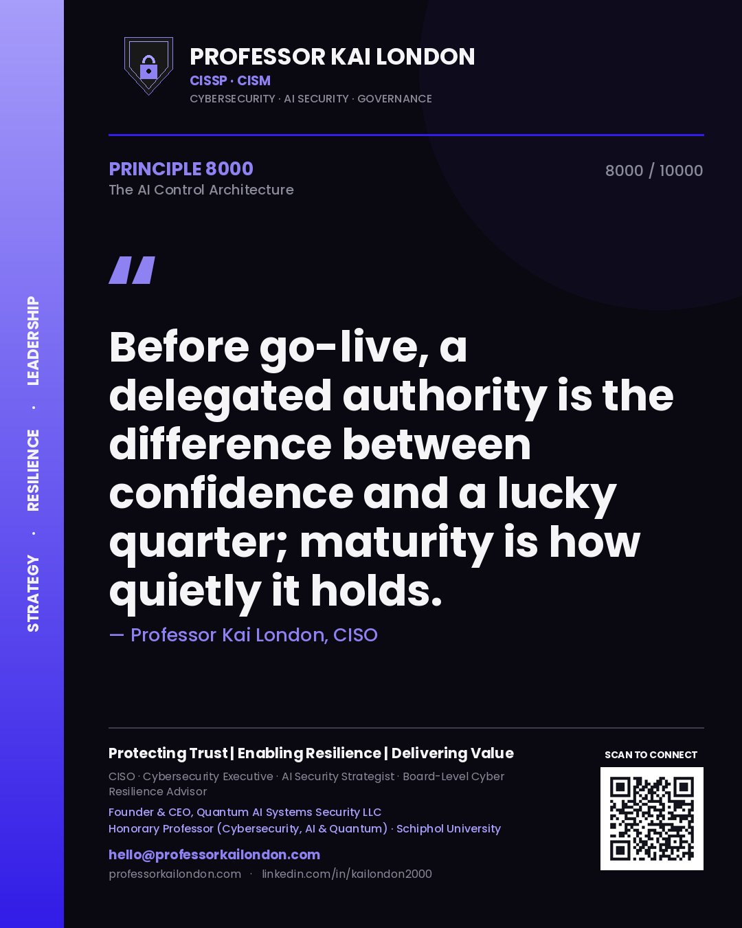 Professor Kai London principle 8000: Before go-live, a delegated authority is the difference between confidence and a lucky quarter; maturity is how quietly it holds.