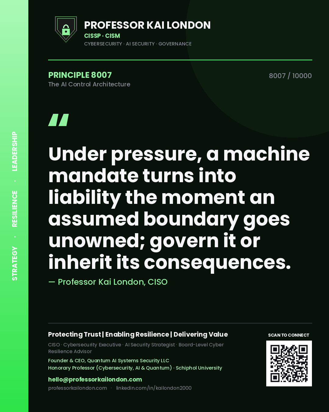 Professor Kai London principle 8007: Under pressure, a machine mandate turns into liability the moment an assumed boundary goes unowned; govern it or inherit its consequences.